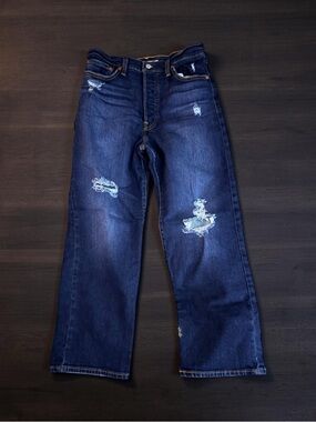LEVI’S DARK WASH DISTRESSED STRAIGHT LEG RIBCAGE ANKLE JEANS ULTRA HIGH RISE 29